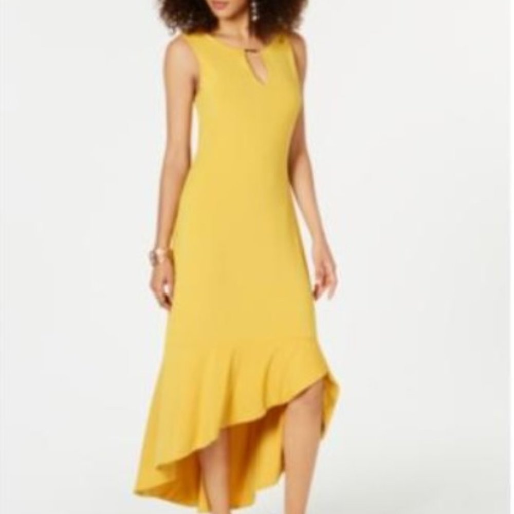 NWT Thalia Sodi Gold Flounce-Hem Maxi Dress